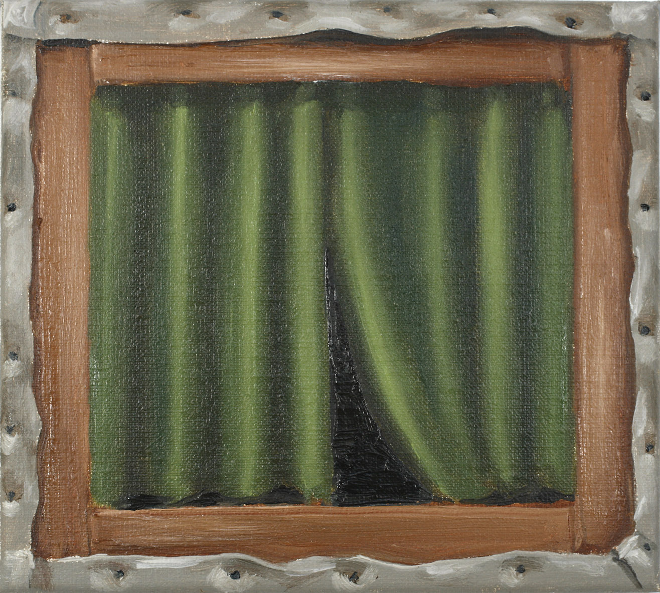 A green curtain in the back of a painting, 2025